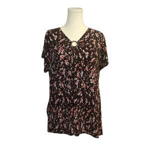 Lane Bryant 22/24 Black Pink Floral  Blouse Flowy Flattering Plus Size Top